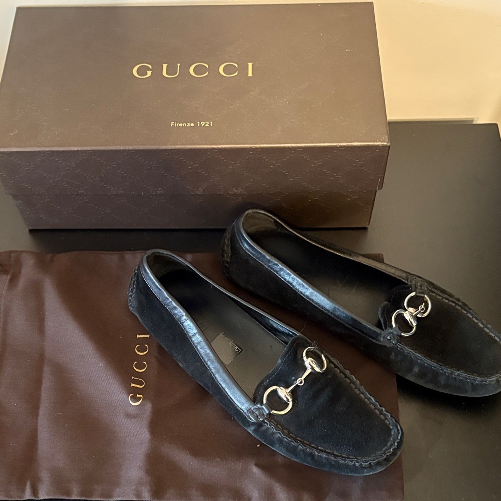 Gucci Black Suede Horsebit Loafers for Women — Silver Hardware